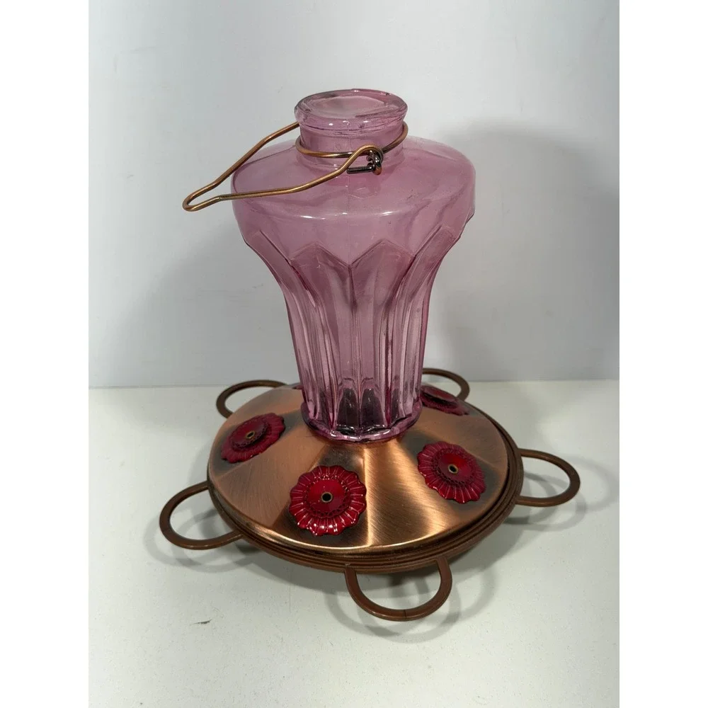 Vintage Style Amethyst Purple Glass Hummingbird Feeder Copper Metal Base 8.5